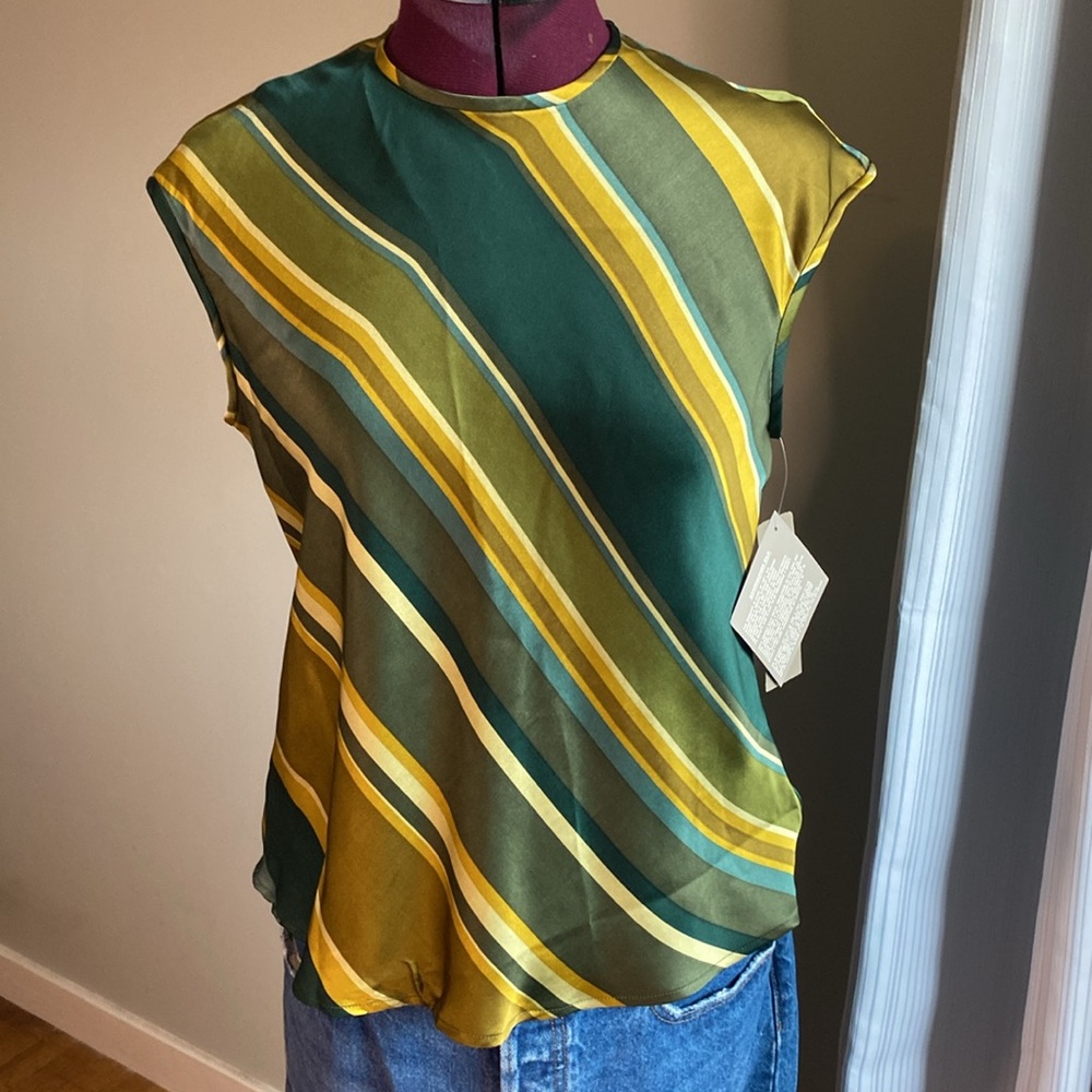 Jones New York 100% silk sleeveless blouse green striped women’s medium tank top